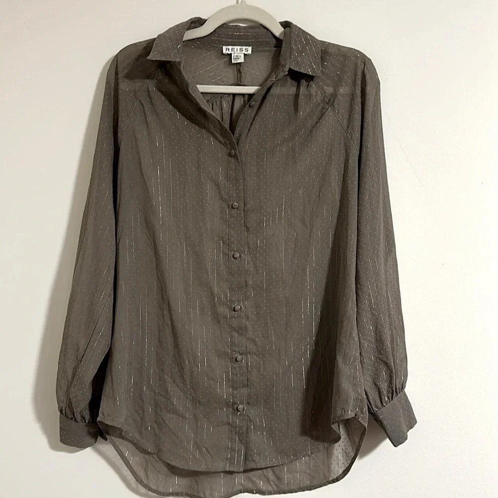REISS Dotted metallic thread taupe button up blouse vintage 90s Y2K